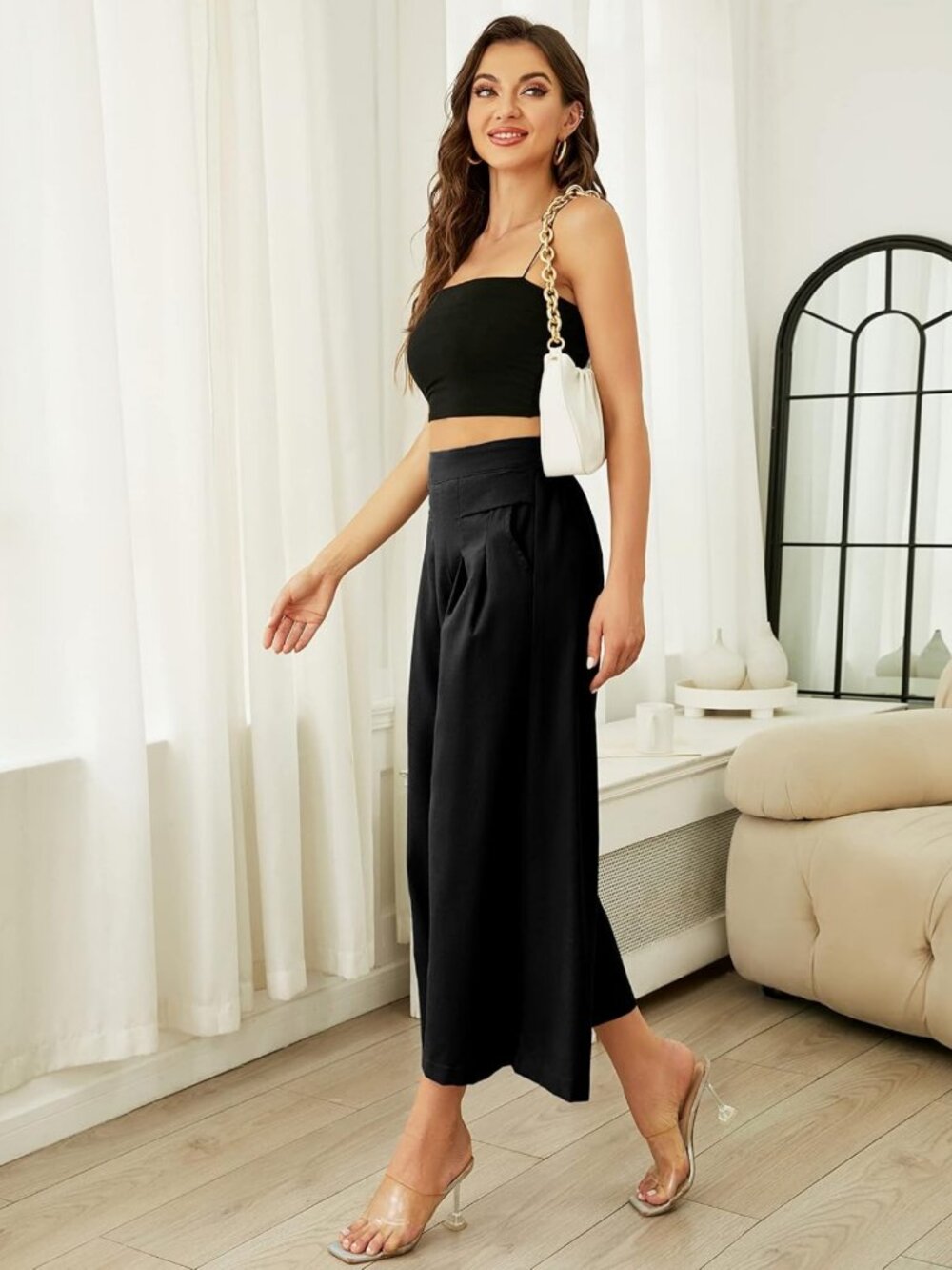 Women's Cotton Linen Wide Leg Culottes Pants | Elastic Waist Palazzo Trousers - Picture 3 of 8